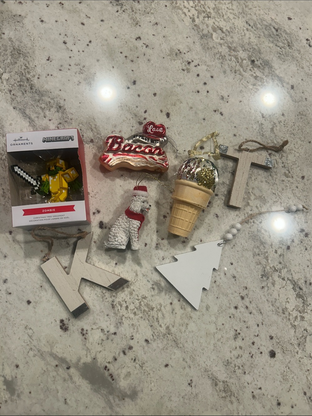 Ornaments Minecraft Zombie, bacon ice cream, wooden letters wooden tree, poodle